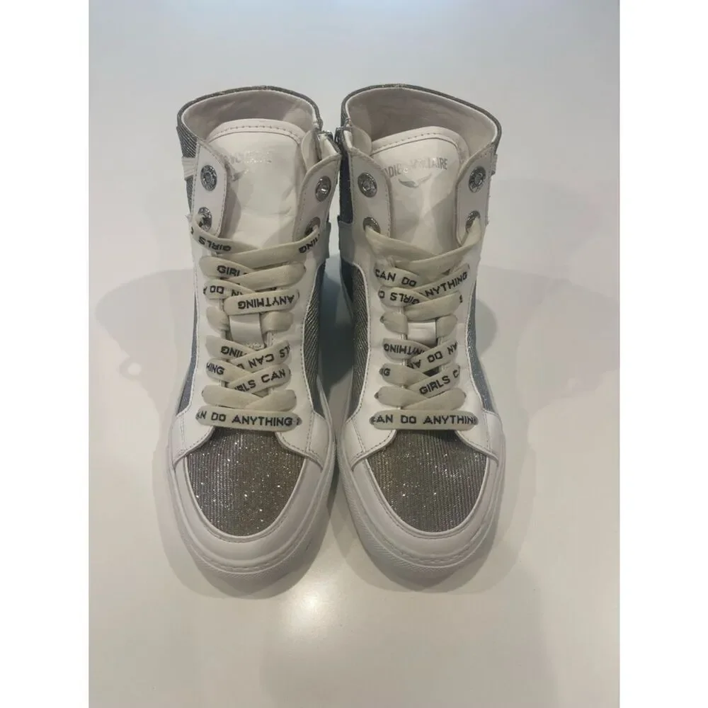 $448 -Zadig & Voltaire ZV1747 High Flash Sneakers Size 36 Hightop Silver Shoes